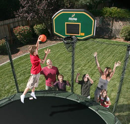Playing basketball on a trampoline is only one of many games you can play.